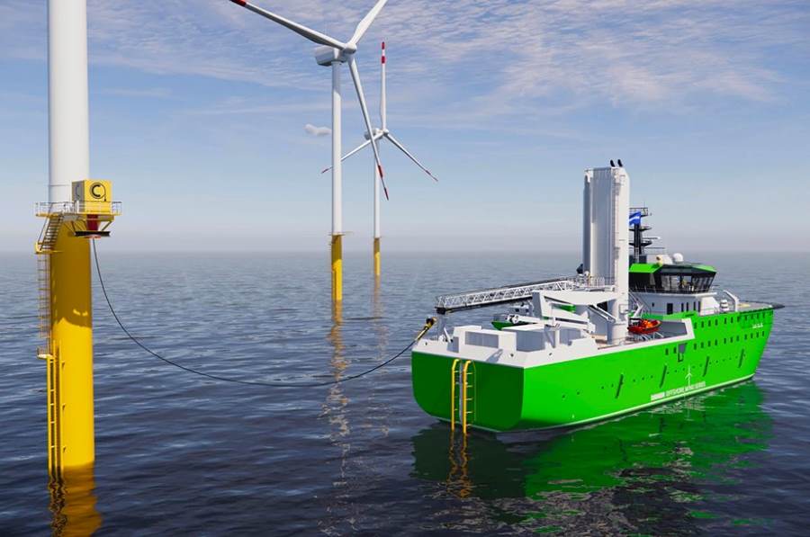Navio elétrico sendo abastecido por energia eólica em alto mar